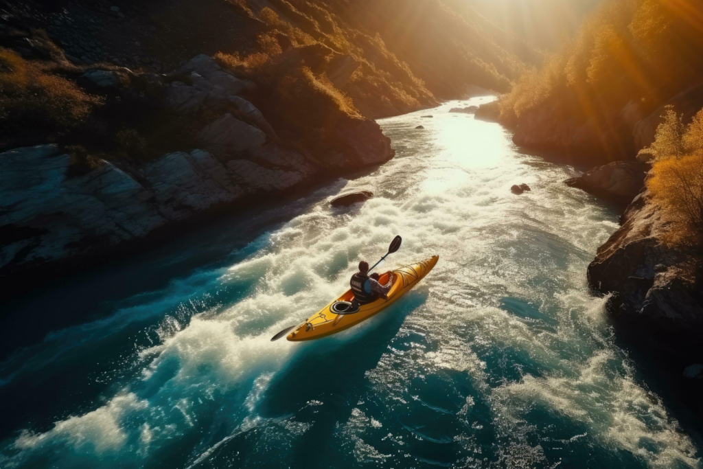 aerial view of a man kayaking on the mountain river aerial top view extreme sport kayak sails mountain river with sun light ai generated free photo 190151803